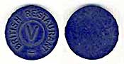 blue British Restaurant token labelled V, 1940s